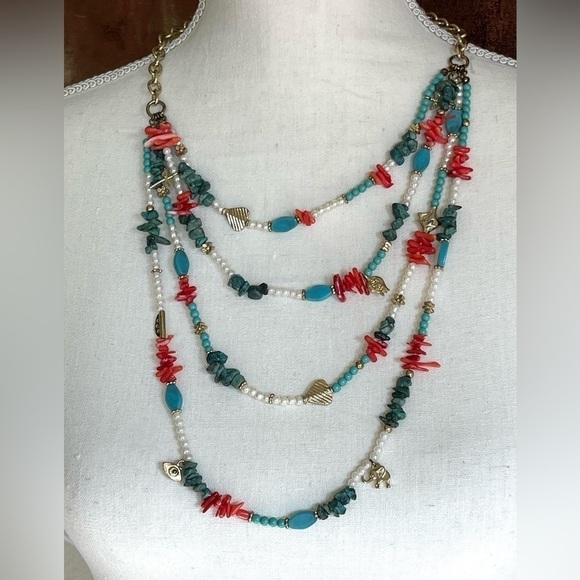 Jewelry - Coral and Turquoise Faux Pearl Beads Necklace 4 layers of gold animal charms
